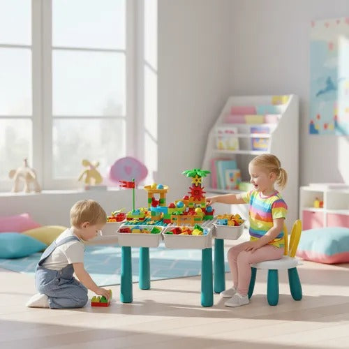 🧱 Mesa Didáctica de Construcción Multiactividades + Silla Orejitas de Conejo