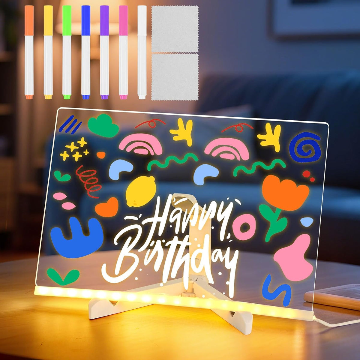 ✨ Pizarra Mágica Acrílica LED con Marcadores de Neón