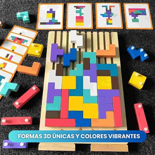 🧩 Tablero de Rompecabezas Tetris 3D en Madera con Tarjetas de Desafío