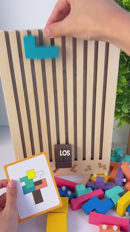 🧩 Tablero de Rompecabezas Tetris 3D en Madera con Tarjetas de Desafío